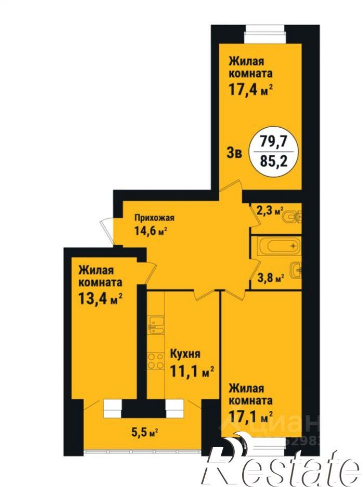 3-комн квартира в новом доме улица Савостьянова, 14А,  д. 14А
